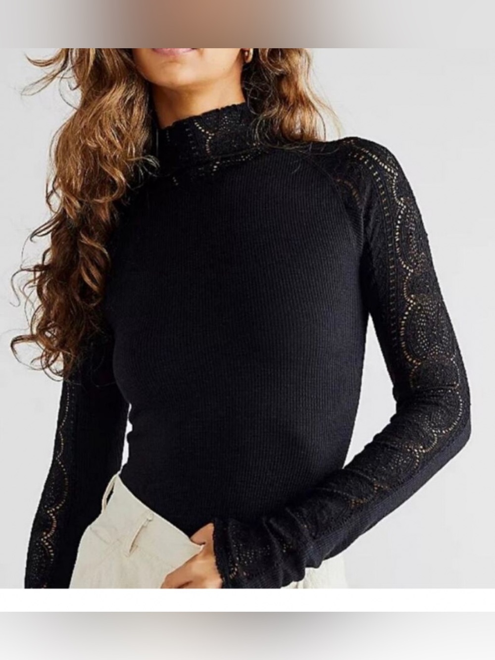 Free People Freddie Ribbed Lace Top Long Sleeve Black Size Small